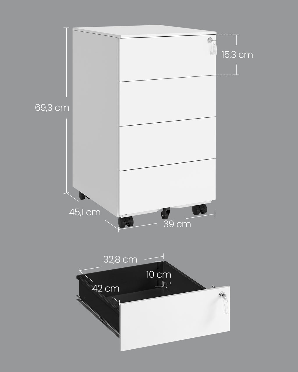 Rollcontainer mit 4 Schubladen und Rädern wolkenweiß