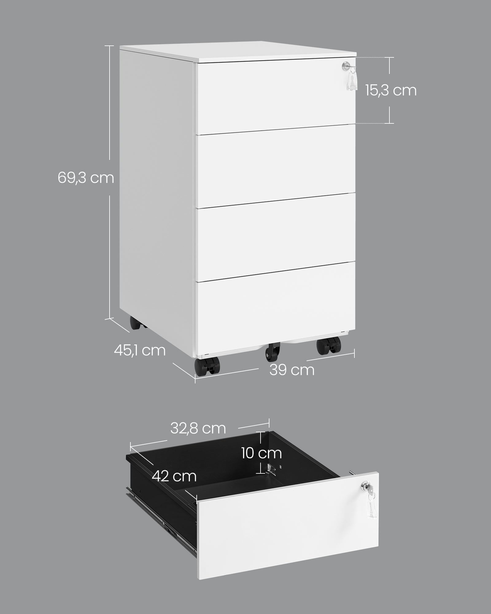 Rollcontainer mit 4 Schubladen und Rädern wolkenweiß