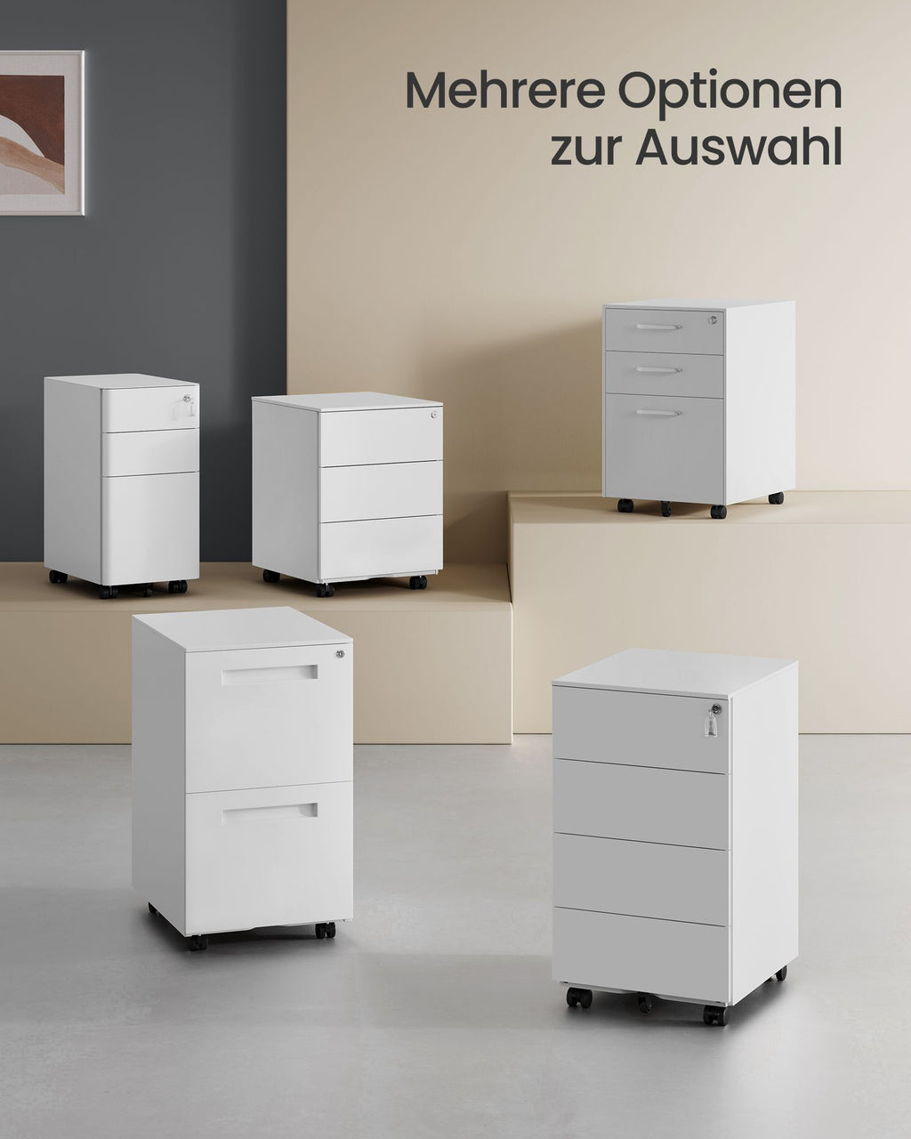 Rollcontainer mit 4 Schubladen und Rädern wolkenweiß
