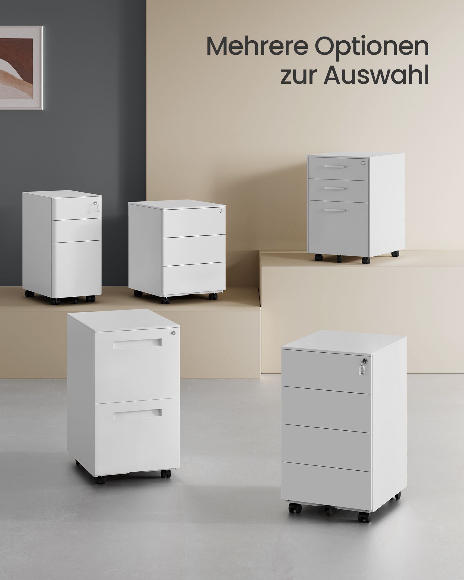 Rollcontainer mit 4 Schubladen und Rädern wolkenweiß