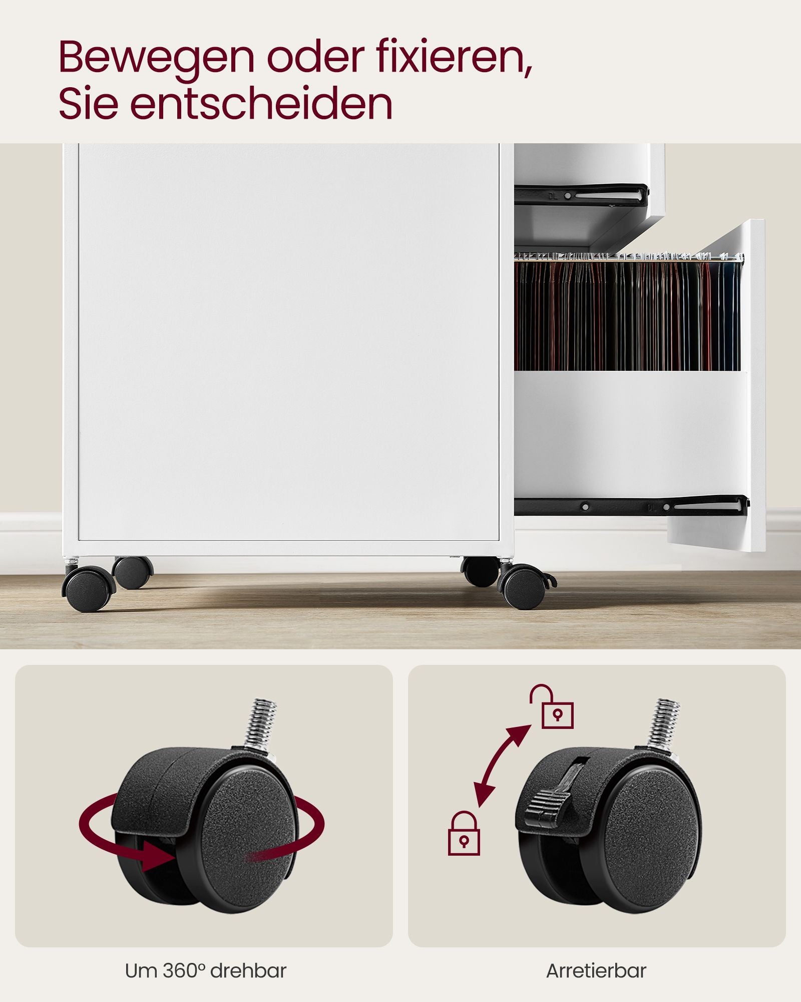 Rollcontainer mit 2 Schubladen und Rädern wolkenweiß