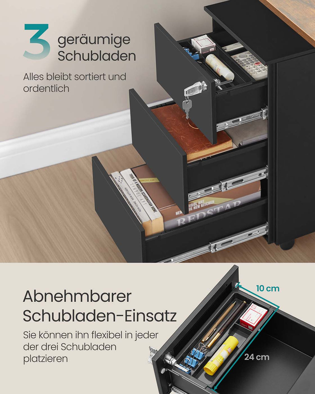 Schubladenschrank mit 3 Schubladen 40 x 30 x 54 cm mattschwarz