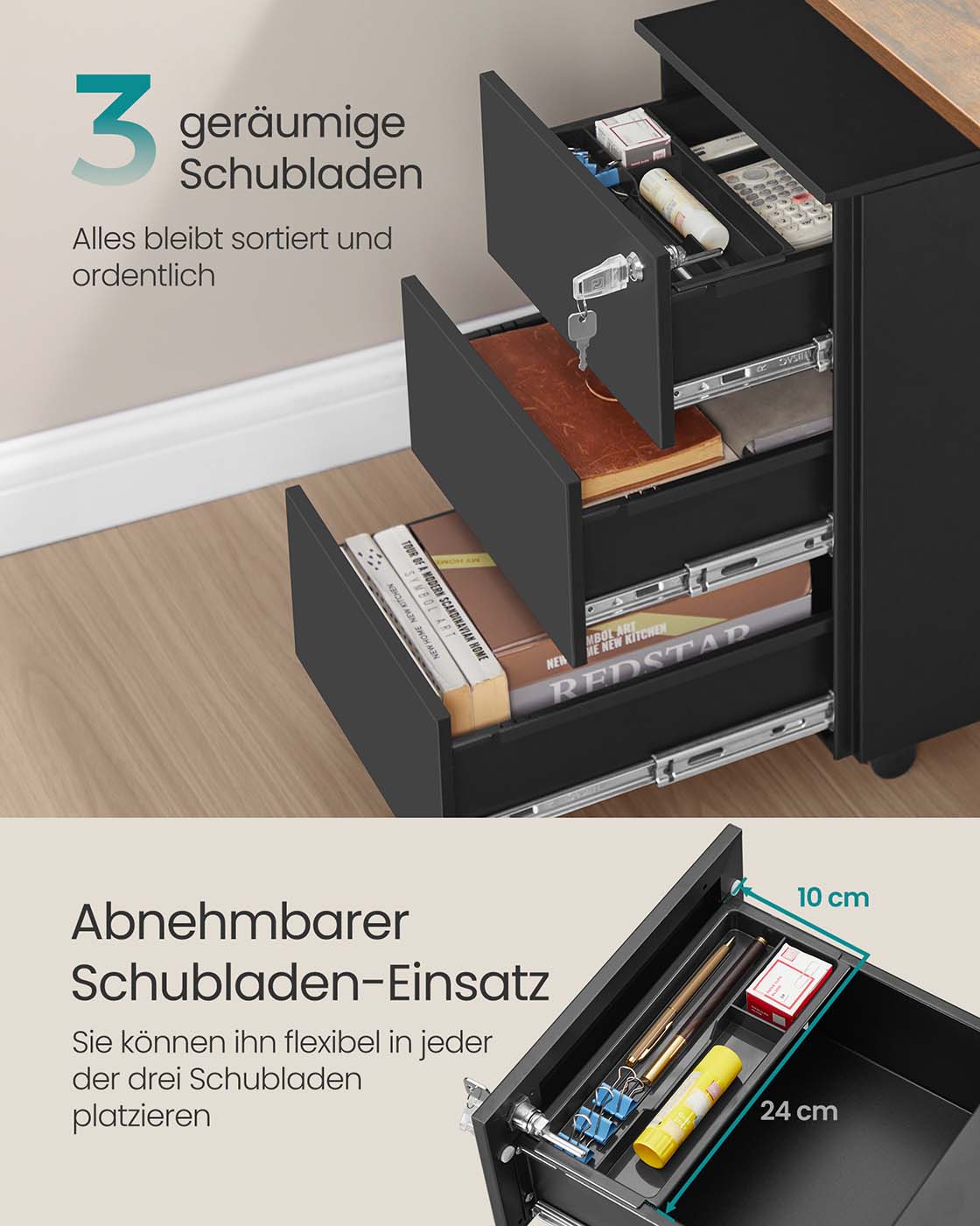 Schubladenschrank mit 3 Schubladen 40 x 30 x 54 cm mattschwarz