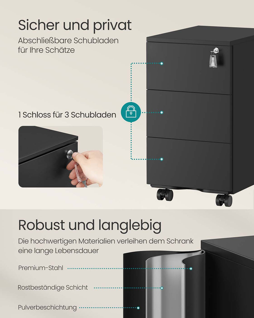 Schubladenschrank mit 3 Schubladen 40 x 30 x 54 cm mattschwarz