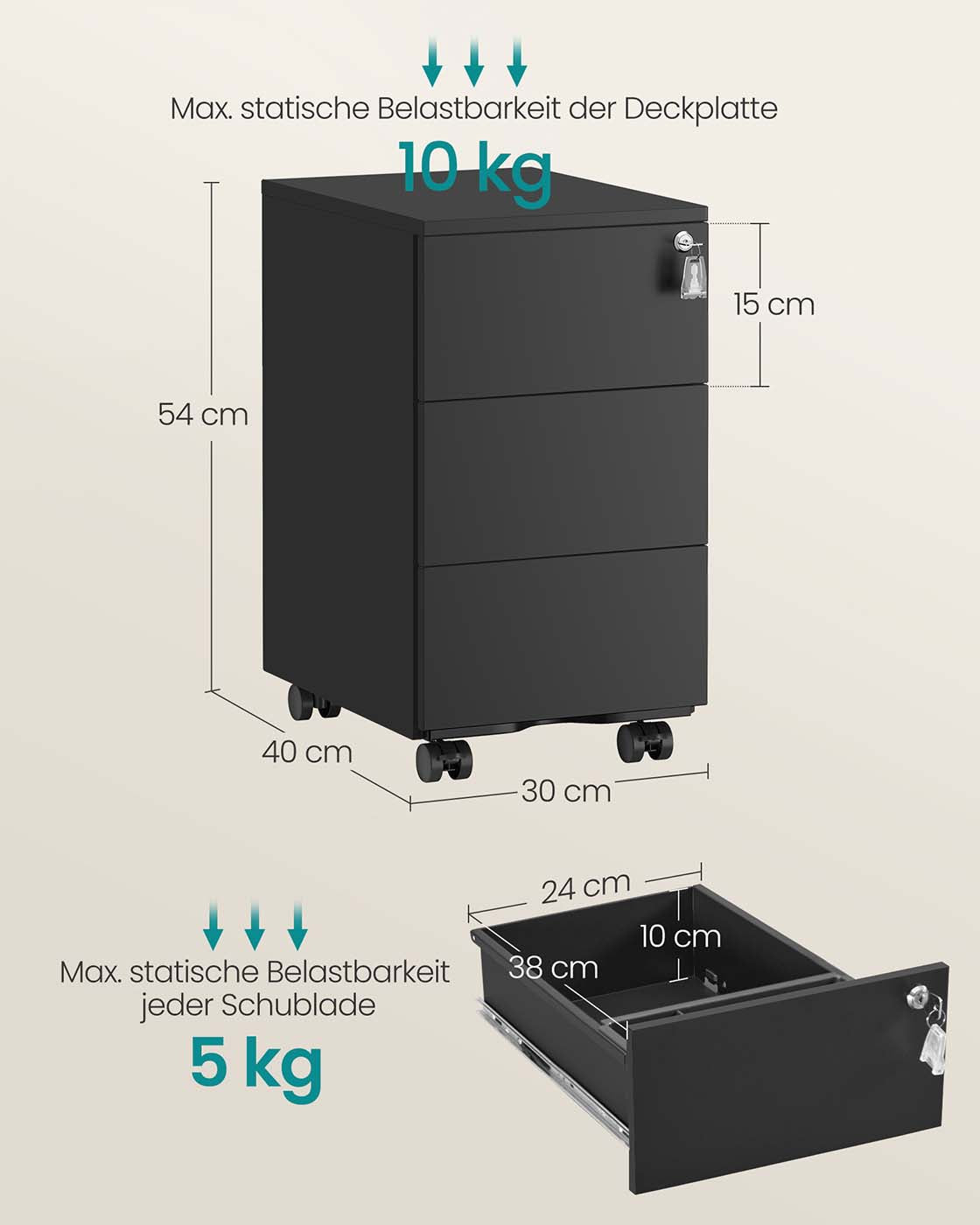 Schubladenschrank mit 3 Schubladen 40 x 30 x 54 cm mattschwarz