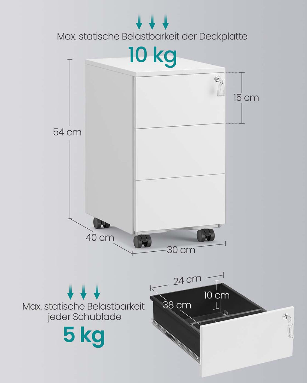 Schubladenschrank mit 3 Schubladen 40 x 30 x 54 cm mattweiß