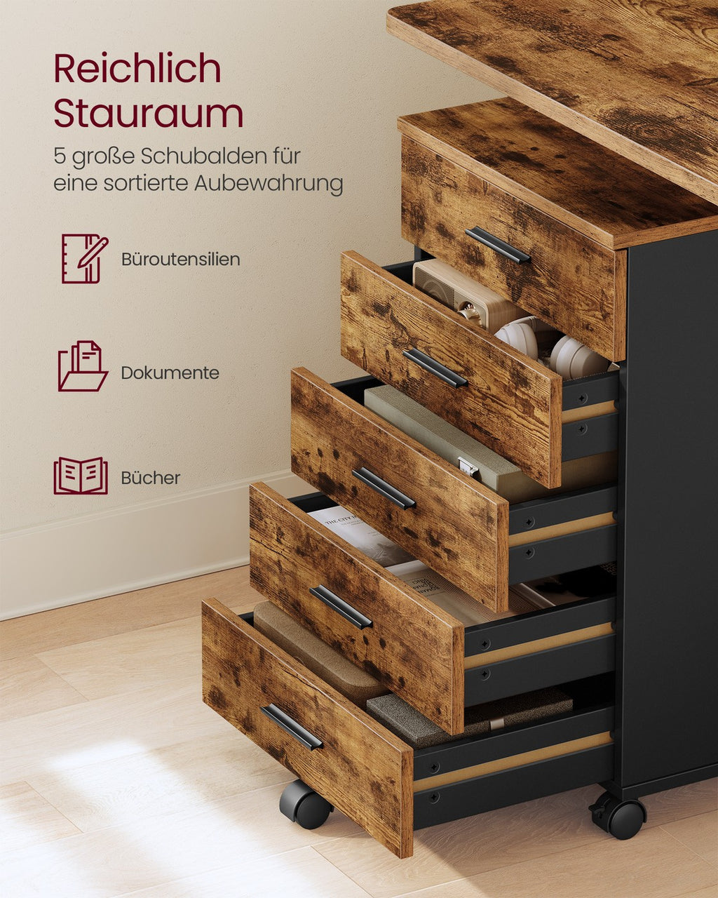 Rollcontainer 5 Schubladen schraubenlose Gleitschienen vintagebraun