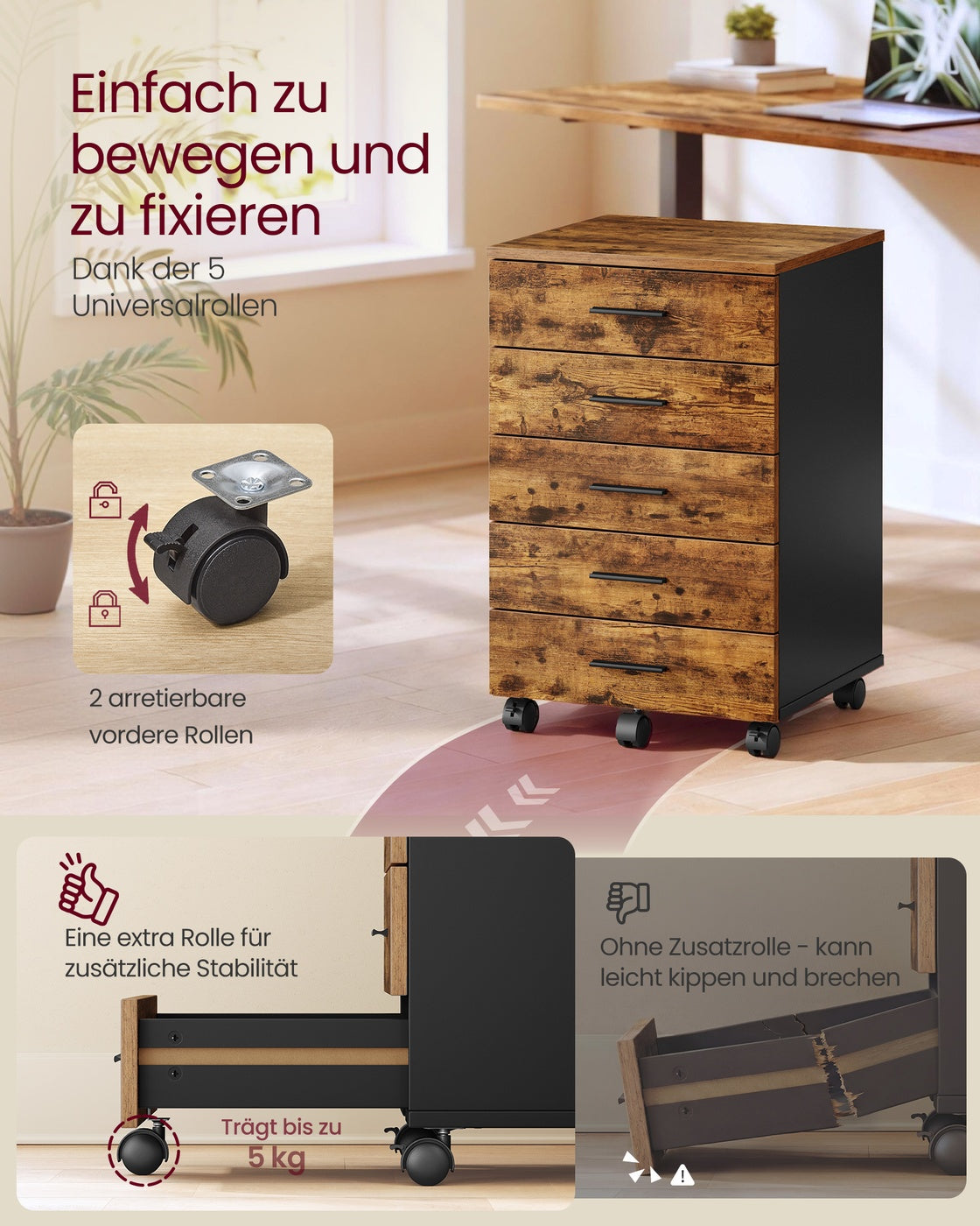Rollcontainer 5 Schubladen schraubenlose Gleitschienen vintagebraun