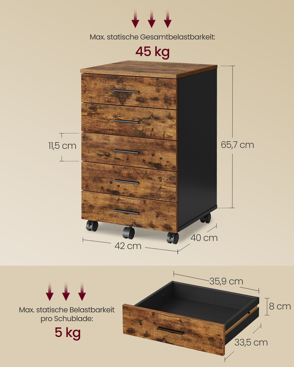 Rollcontainer 5 Schubladen schraubenlose Gleitschienen vintagebraun
