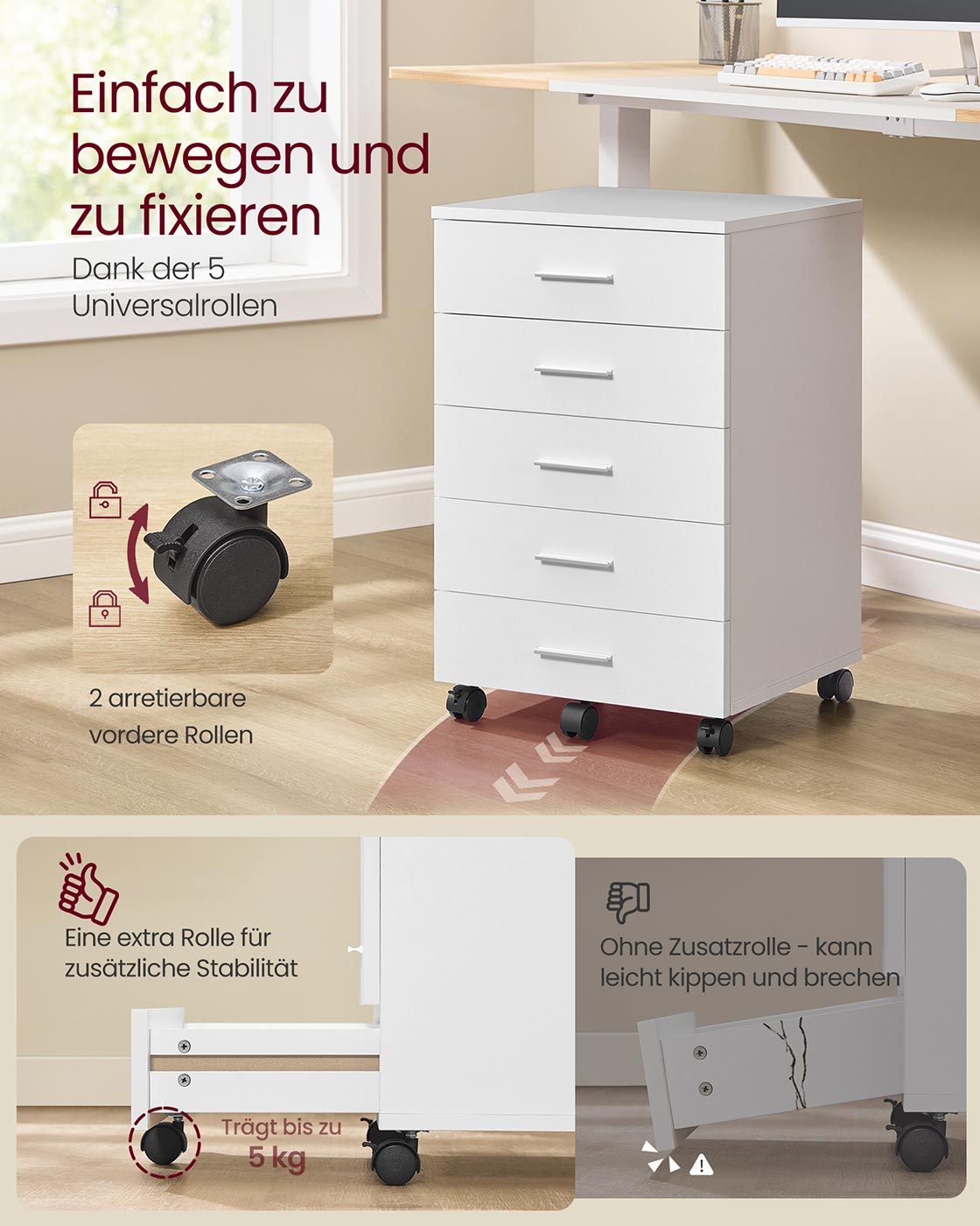 Mobiler Rollcontainer mit fünf Schubladen
