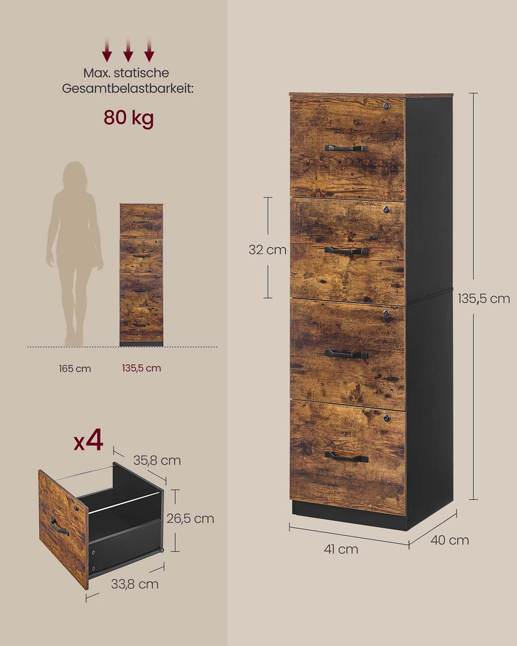 Aktenschrank mit 4 abschließbaren Schubladen