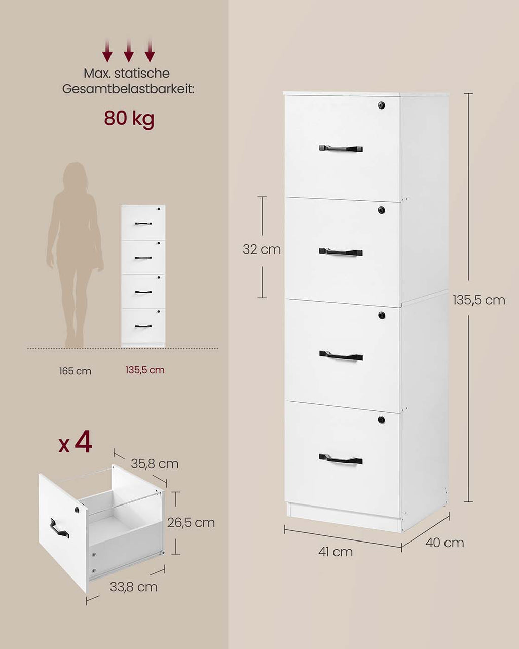 Aktenschrank mit 4 abschließbaren Schubladen