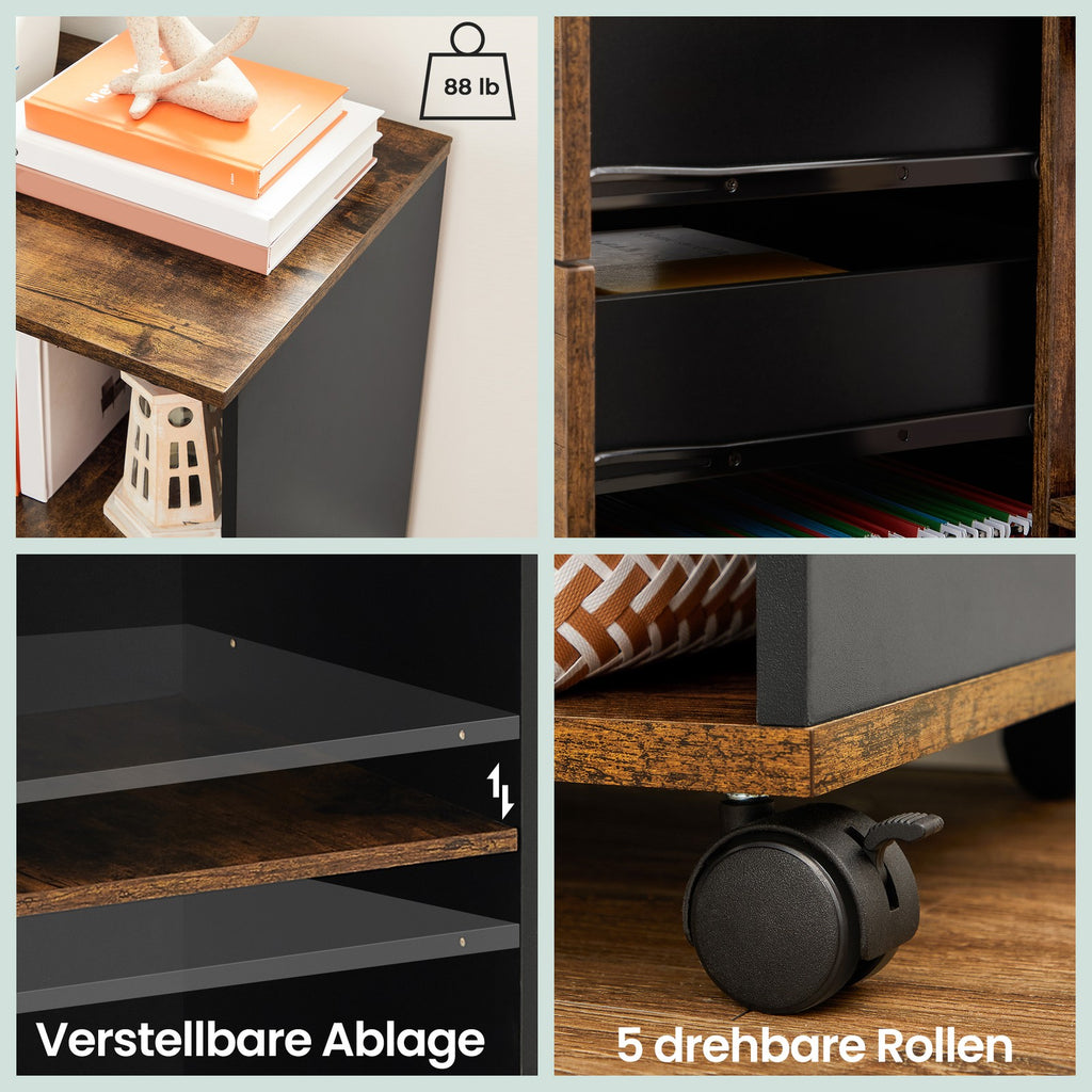 Mobiler Aktenschrank, Aufbewahrungsschrank mit 3 Schubladen und Fächern, im Industriestil
