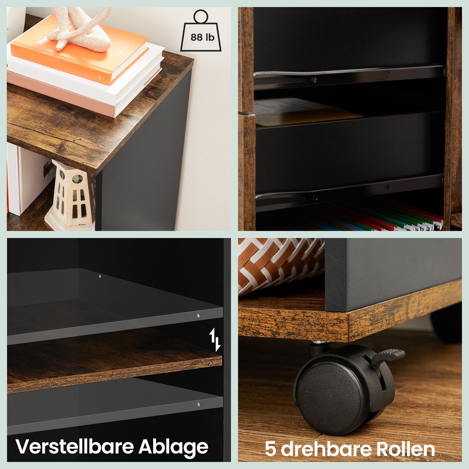 Mobiler Aktenschrank, Aufbewahrungsschrank mit 3 Schubladen und Fächern, im Industriestil