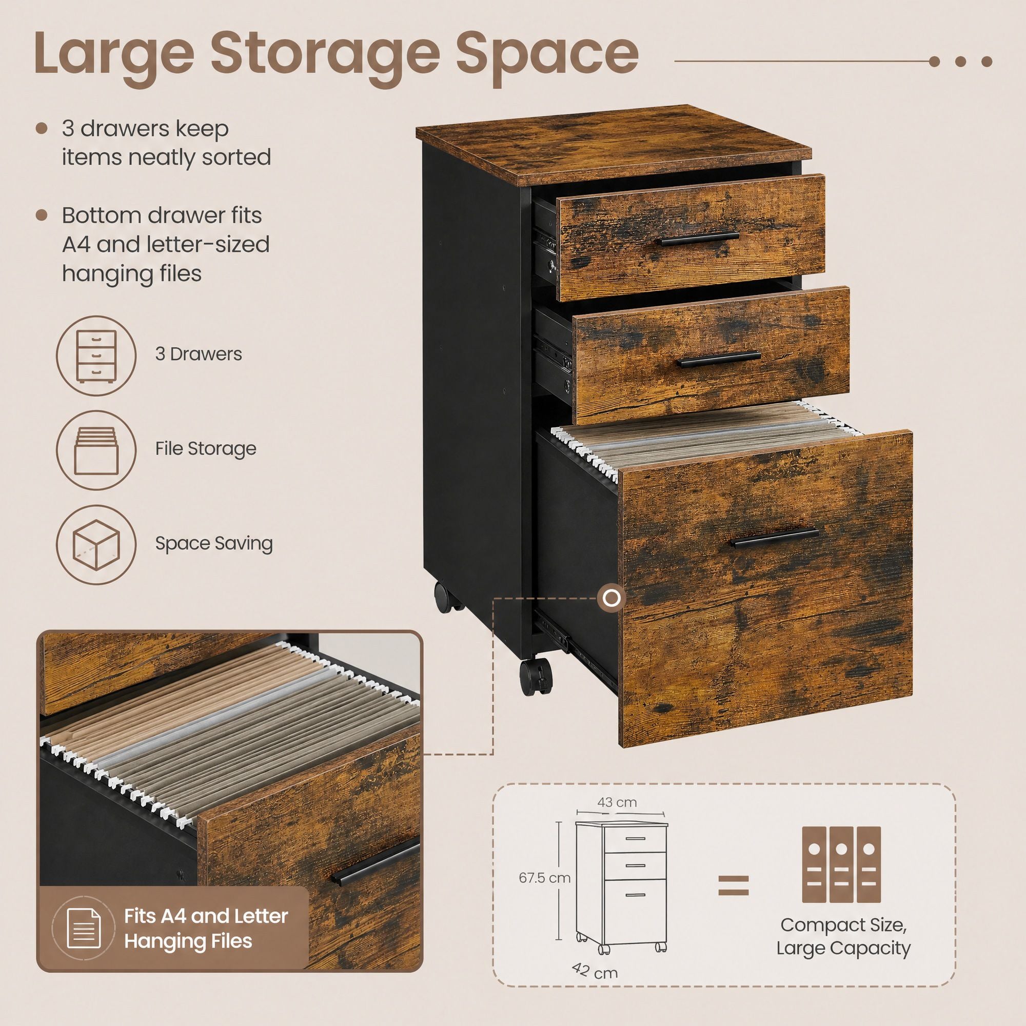 Aktenschrank mit Rollen, 3-Schubladen,  Rollcontainer