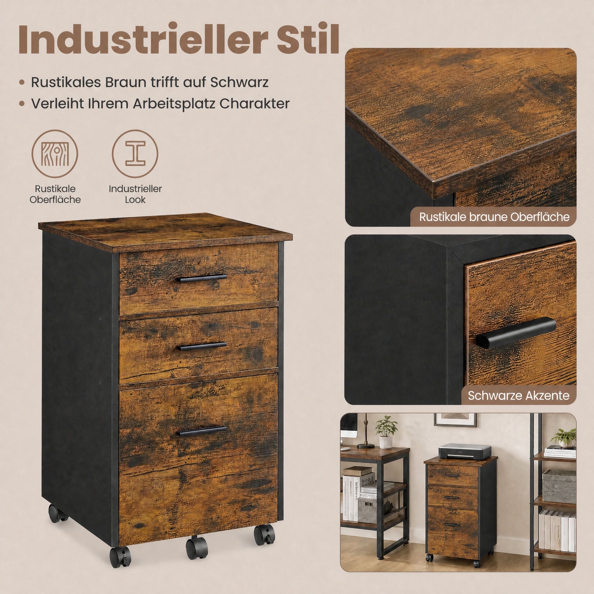 Aktenschrank mit Rollen, 3-Schubladen,  Rollcontainer