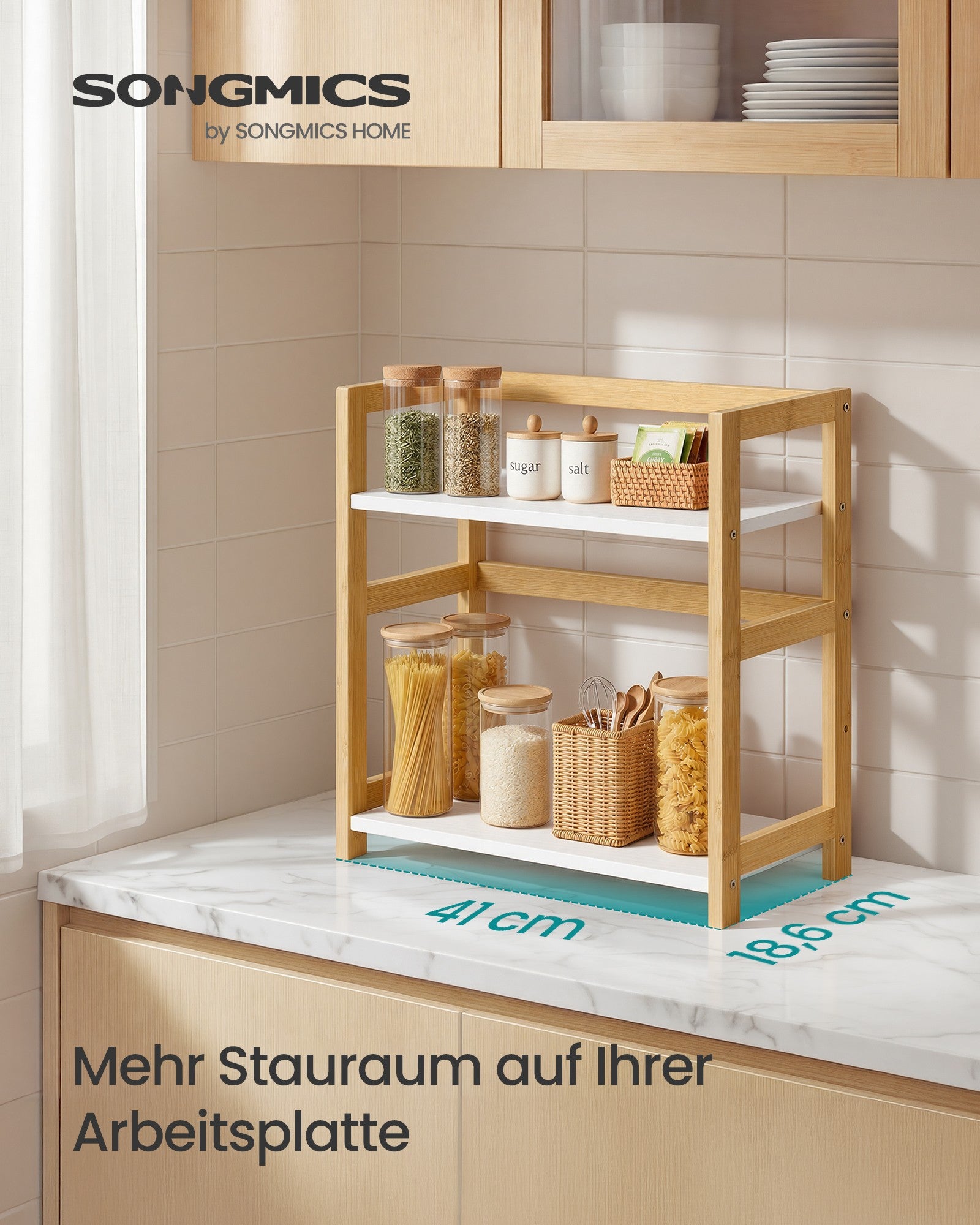Gewürzregal mit 2 Ebenen aus Bambus naturbeige-schneeweiß