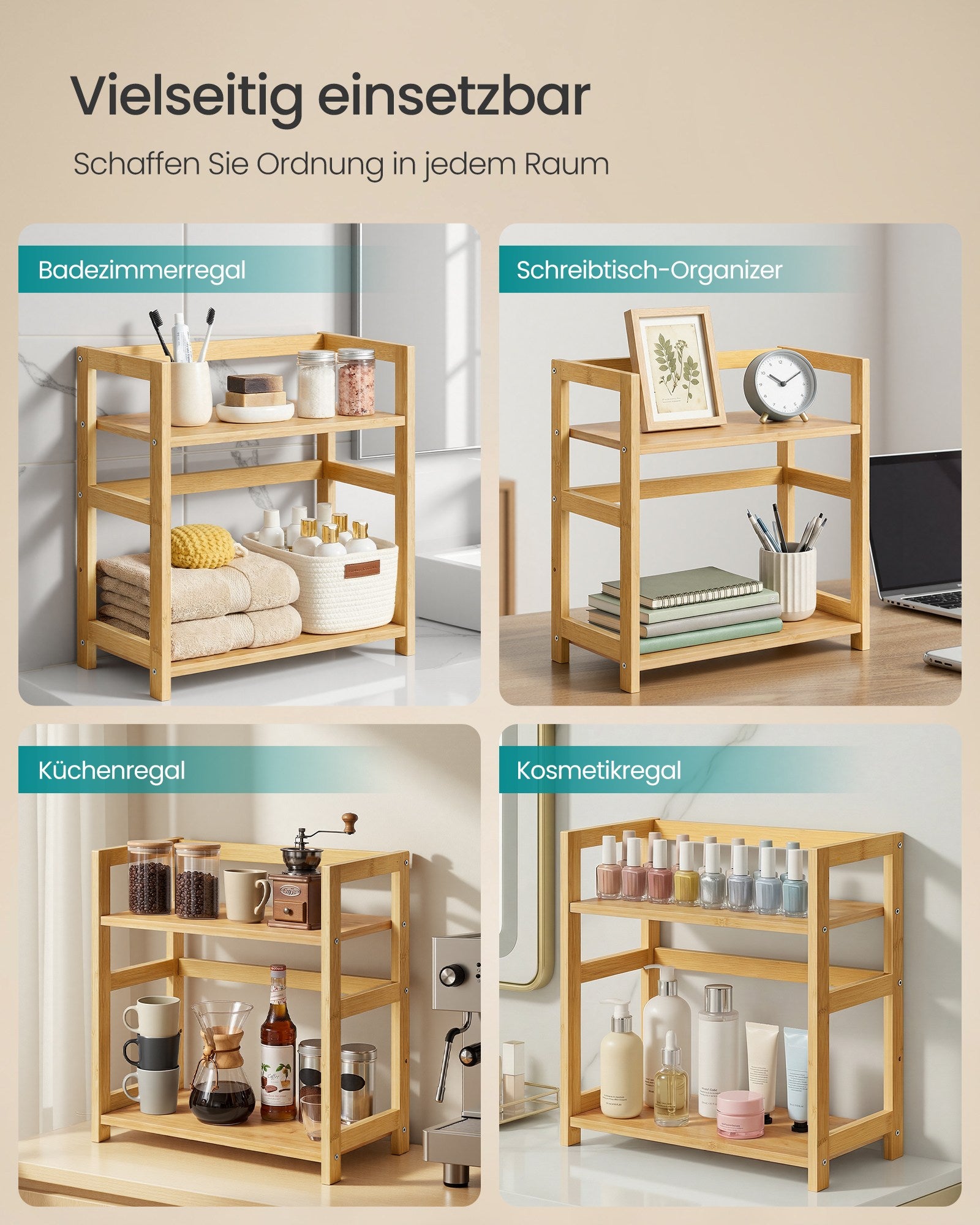 Gewürzregal mit 2 Ebenen aus Bambus naturbeige