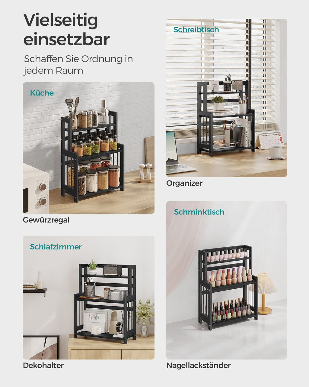 Gewürzregal mit 3 Ebenen für Arbeitsplatte ebenholzschwarz