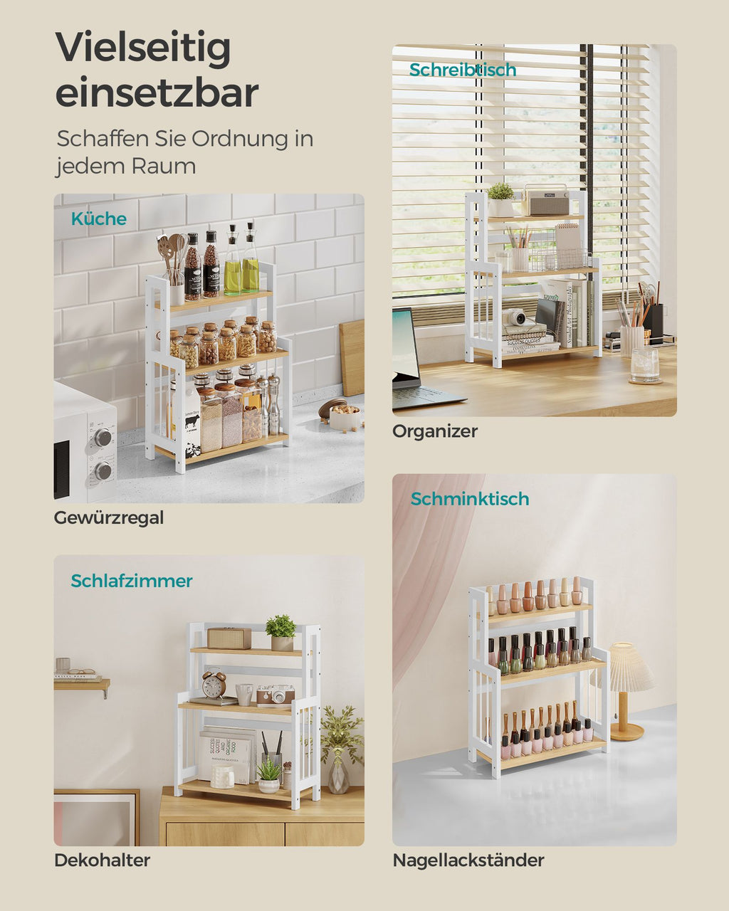 Gewürzregal mit 3 Ebenen für Arbeitsplatte natureichenfarben
