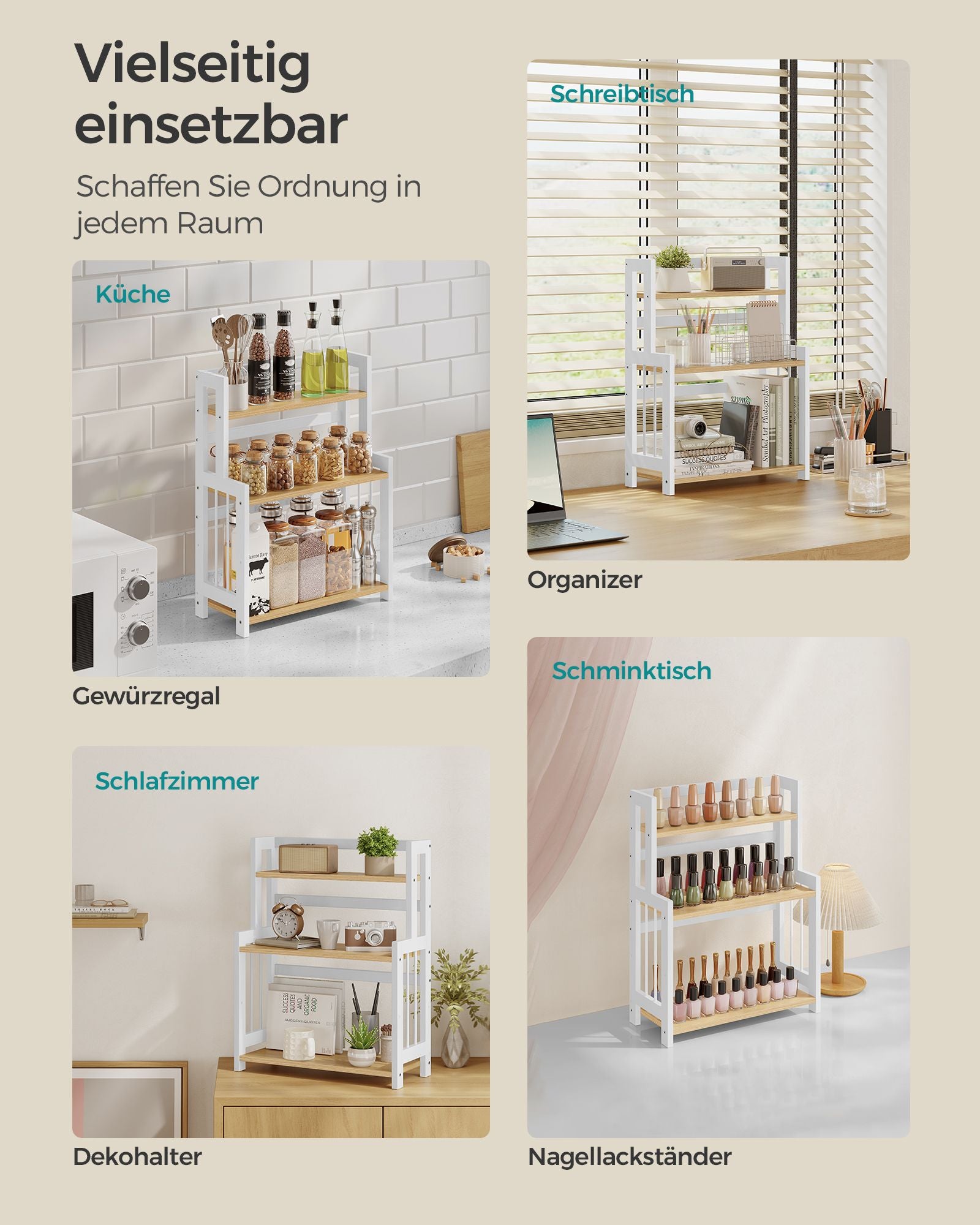 Gewürzregal mit 3 Ebenen für Arbeitsplatte natureichenfarben