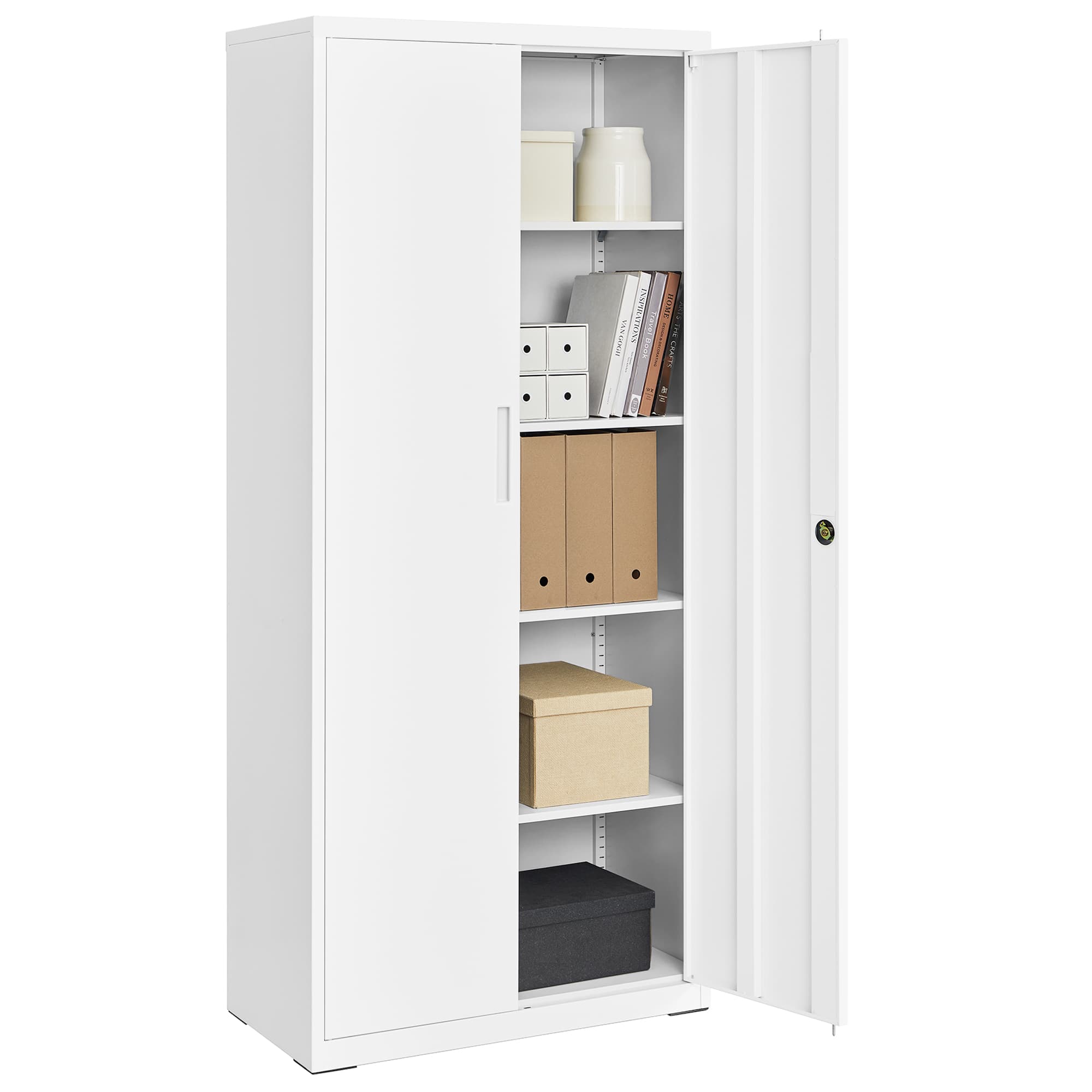 SONGMICS Aktenschrank, Mehrzweckschrank, Stahl-Aufbewahrungsschrank, 5 Ebenen, Doppeltüren, Schloss, Werkzeugschrank, verstellbare Ablagen, Garage, Büro, Wohnzimmer, weiß OMC015W01