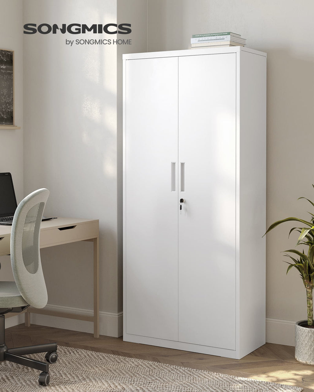 SONGMICS Aktenschrank, Mehrzweckschrank, Stahl-Aufbewahrungsschrank, 5 Ebenen, Doppeltüren, Schloss, Werkzeugschrank, verstellbare Ablagen, Garage, Büro, Wohnzimmer, weiß OMC015W01