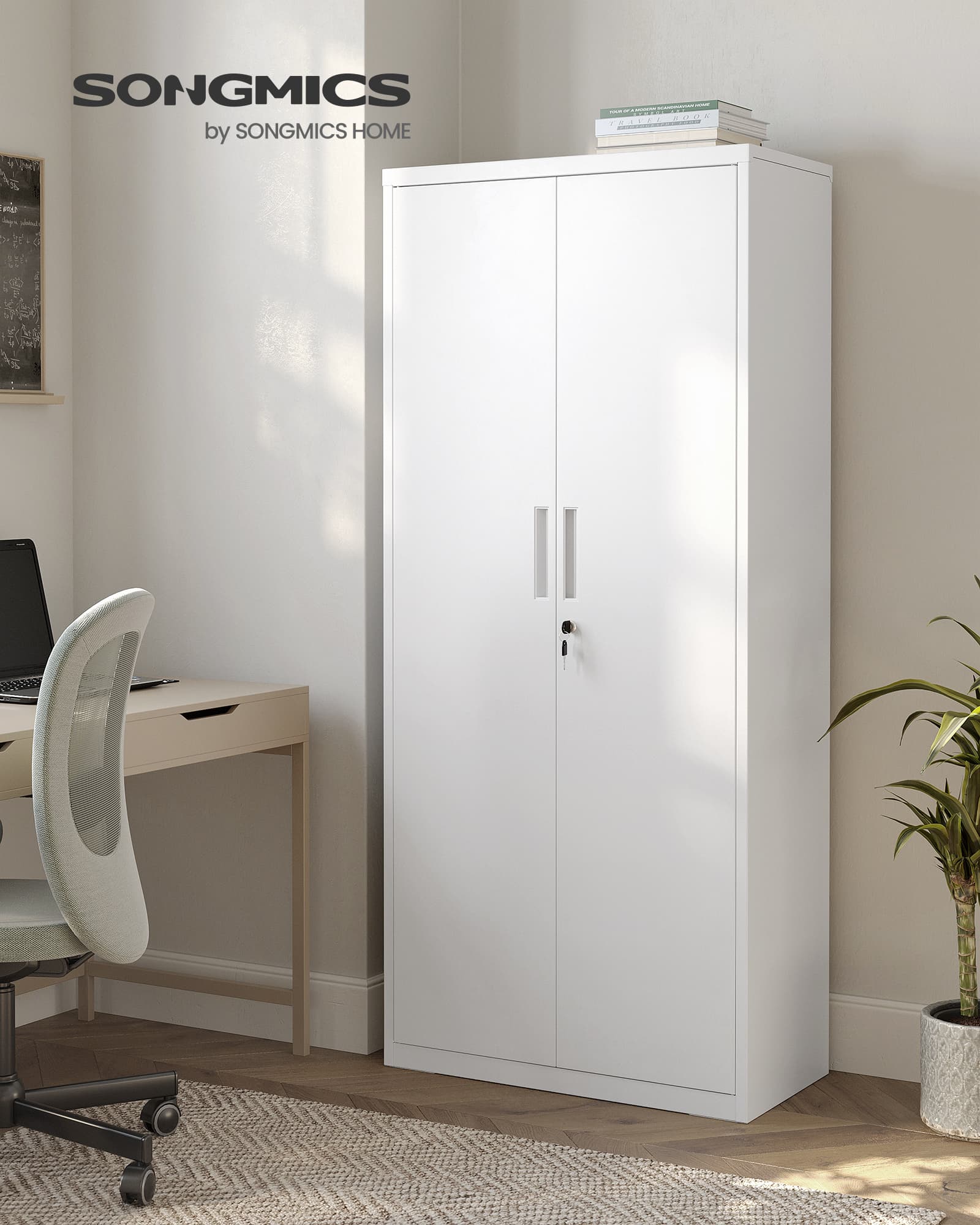 SONGMICS Aktenschrank, Mehrzweckschrank, Stahl-Aufbewahrungsschrank, 5 Ebenen, Doppeltüren, Schloss, Werkzeugschrank, verstellbare Ablagen, Garage, Büro, Wohnzimmer, weiß OMC015W01