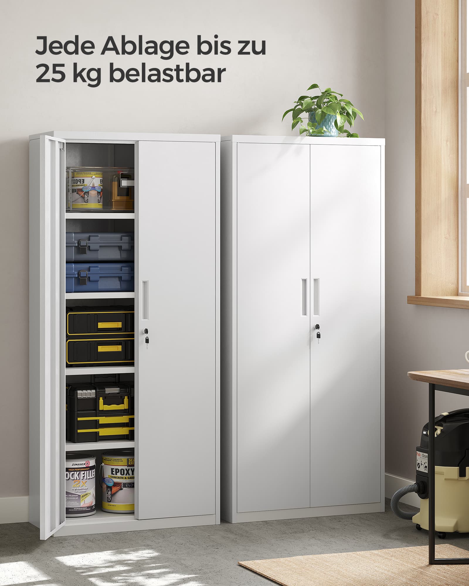 SONGMICS Aktenschrank, Mehrzweckschrank, Stahl-Aufbewahrungsschrank, 5 Ebenen, Doppeltüren, Schloss, Werkzeugschrank, verstellbare Ablagen, Garage, Büro, Wohnzimmer, weiß OMC015W01