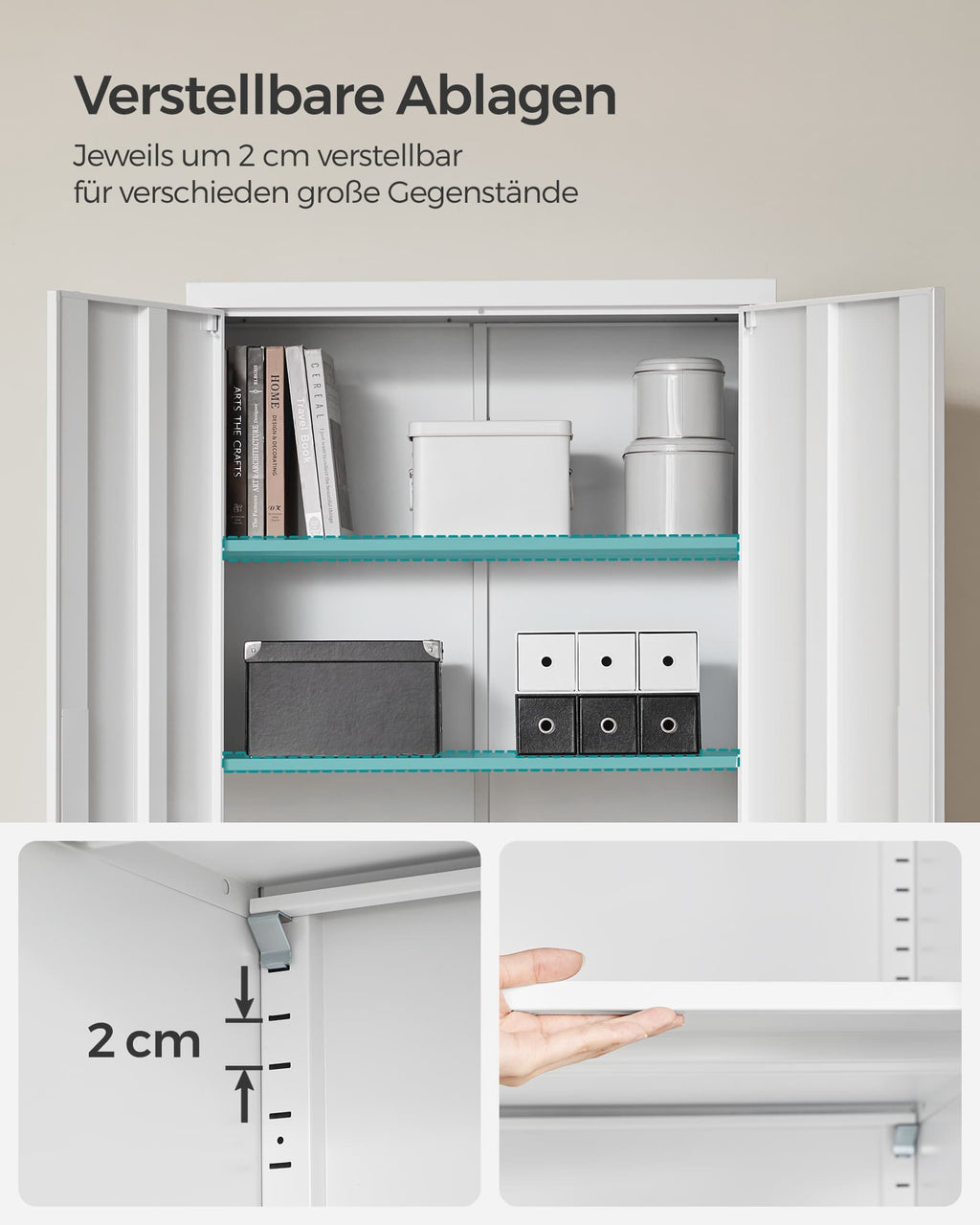 SONGMICS Aktenschrank, Mehrzweckschrank, Stahl-Aufbewahrungsschrank, 5 Ebenen, Doppeltüren, Schloss, Werkzeugschrank, verstellbare Ablagen, Garage, Büro, Wohnzimmer, weiß OMC015W01