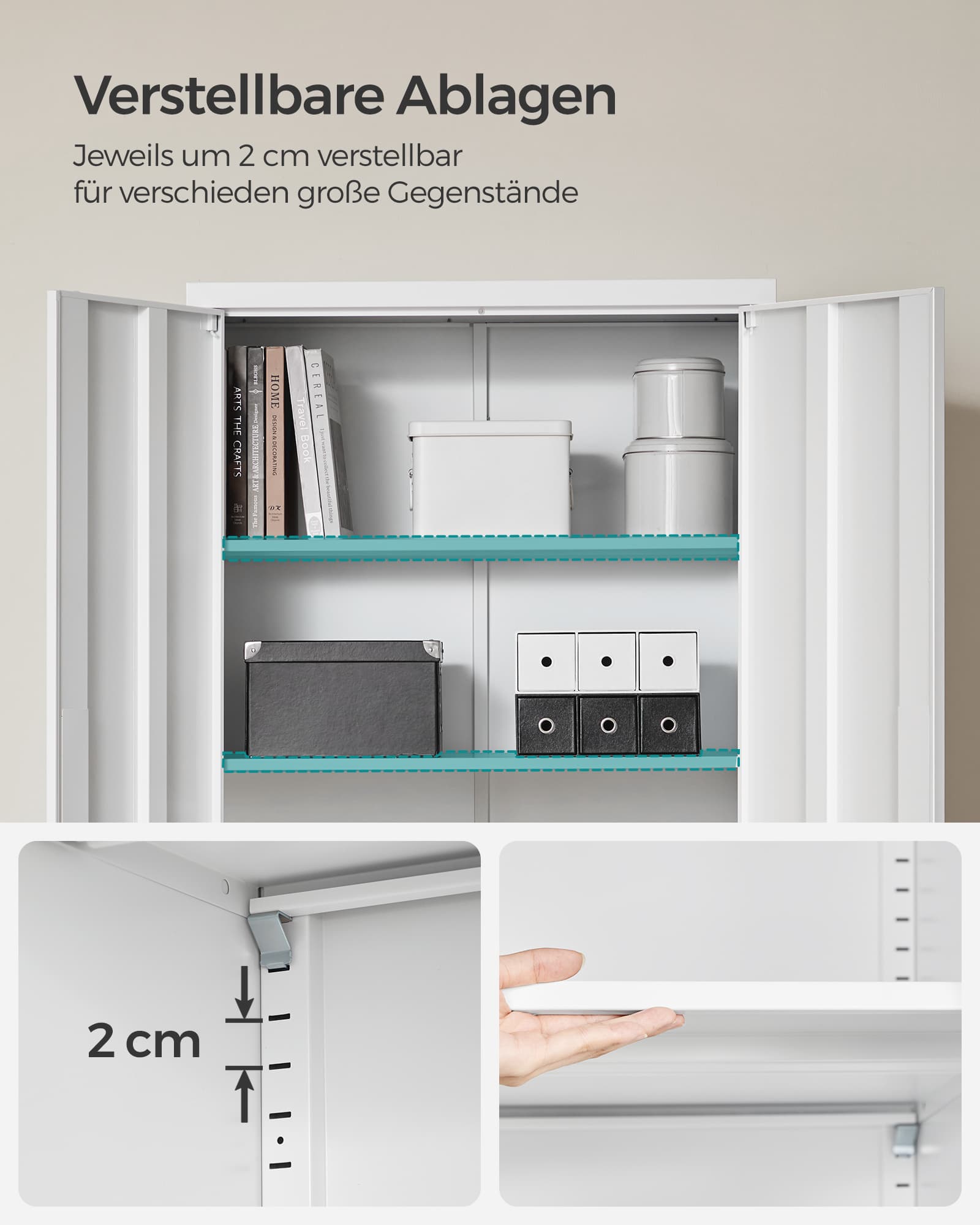 SONGMICS Aktenschrank, Mehrzweckschrank, Stahl-Aufbewahrungsschrank, 5 Ebenen, Doppeltüren, Schloss, Werkzeugschrank, verstellbare Ablagen, Garage, Büro, Wohnzimmer, weiß OMC015W01