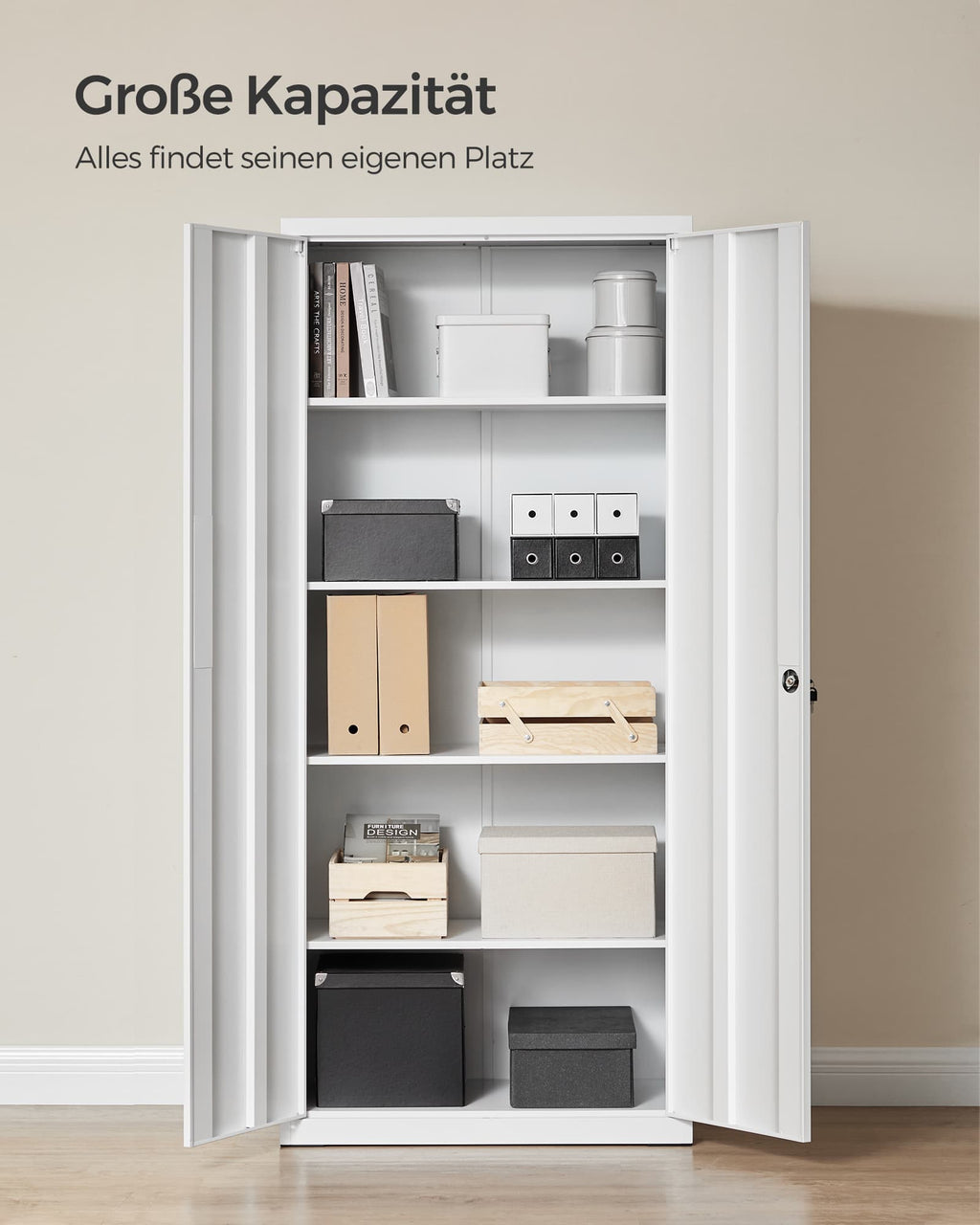 SONGMICS Aktenschrank, Mehrzweckschrank, Stahl-Aufbewahrungsschrank, 5 Ebenen, Doppeltüren, Schloss, Werkzeugschrank, verstellbare Ablagen, Garage, Büro, Wohnzimmer, weiß OMC015W01