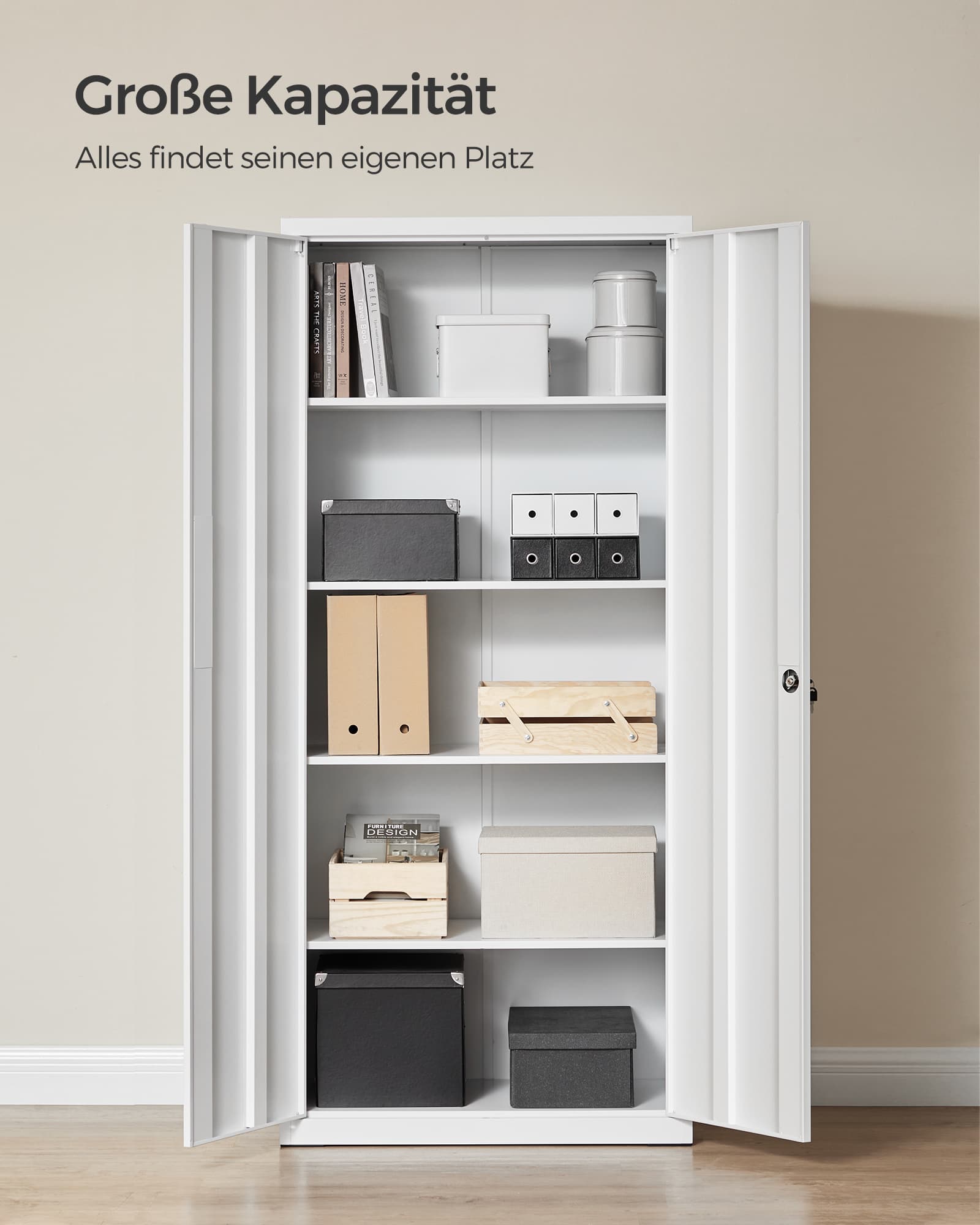 SONGMICS Aktenschrank, Mehrzweckschrank, Stahl-Aufbewahrungsschrank, 5 Ebenen, Doppeltüren, Schloss, Werkzeugschrank, verstellbare Ablagen, Garage, Büro, Wohnzimmer, weiß OMC015W01