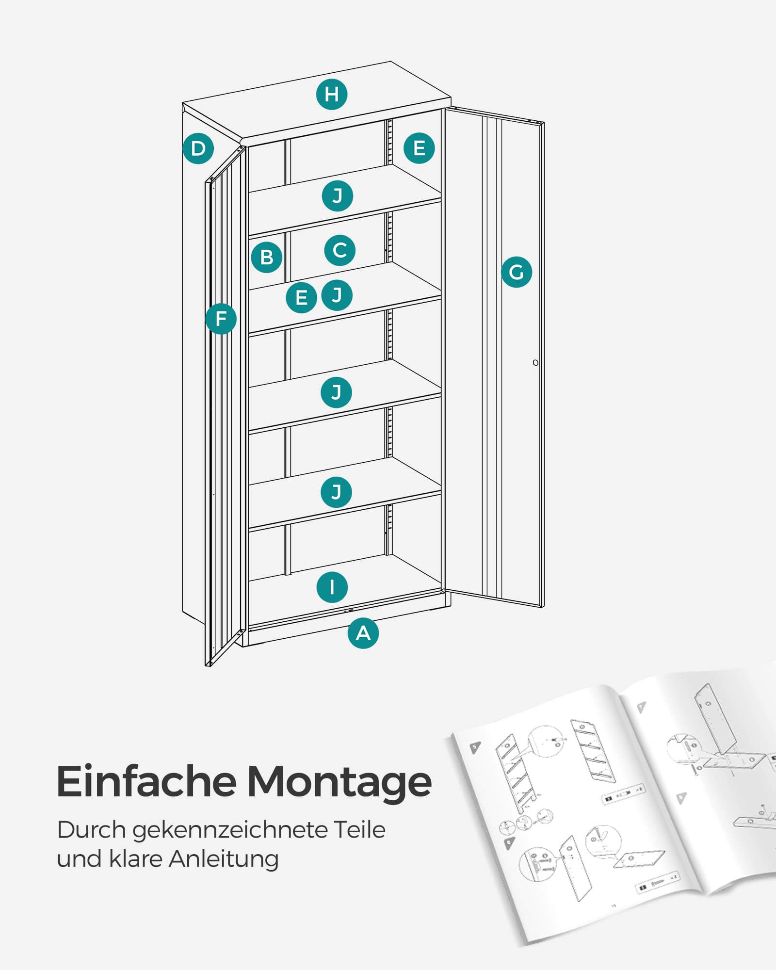 SONGMICS Aktenschrank, Mehrzweckschrank, Stahl-Aufbewahrungsschrank, 5 Ebenen, Doppeltüren, Schloss, Werkzeugschrank, verstellbare Ablagen, Garage, Büro, Wohnzimmer, weiß OMC015W01