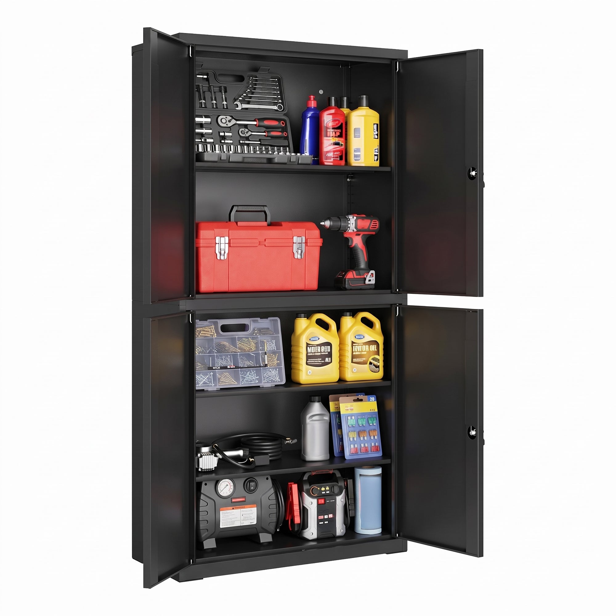 Aktenschrank, Aufbewahrungsschrank, 40 x 80 x 180 cm, 4 Schranktüren und 2 Schlösser, schwarz