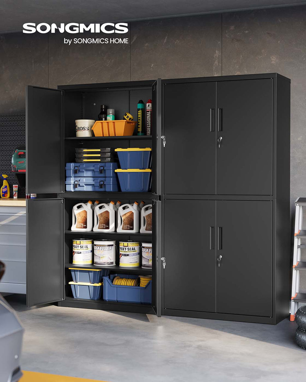Aktenschrank mit 4 Türen und 5 Ebenen 40 x 80 x 180 cm mattschwarz