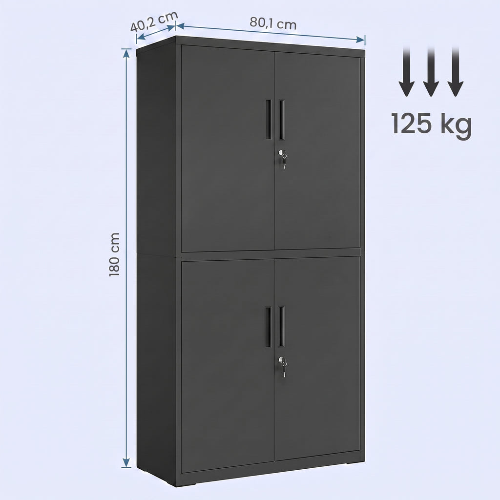 Aktenschrank, Aufbewahrungsschrank, 40 x 80 x 180 cm, 4 Schranktüren und 2 Schlösser, schwarz