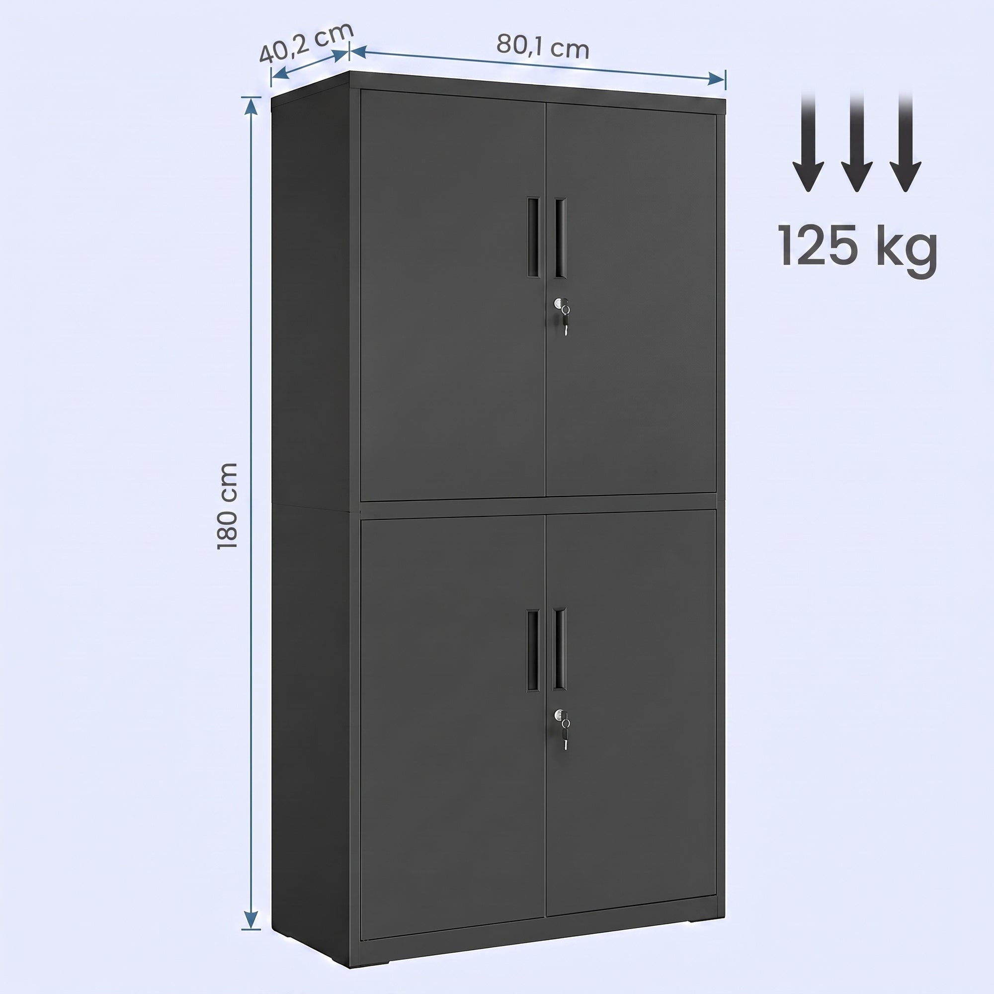Aktenschrank, Aufbewahrungsschrank, 40 x 80 x 180 cm, 4 Schranktüren und 2 Schlösser, schwarz
