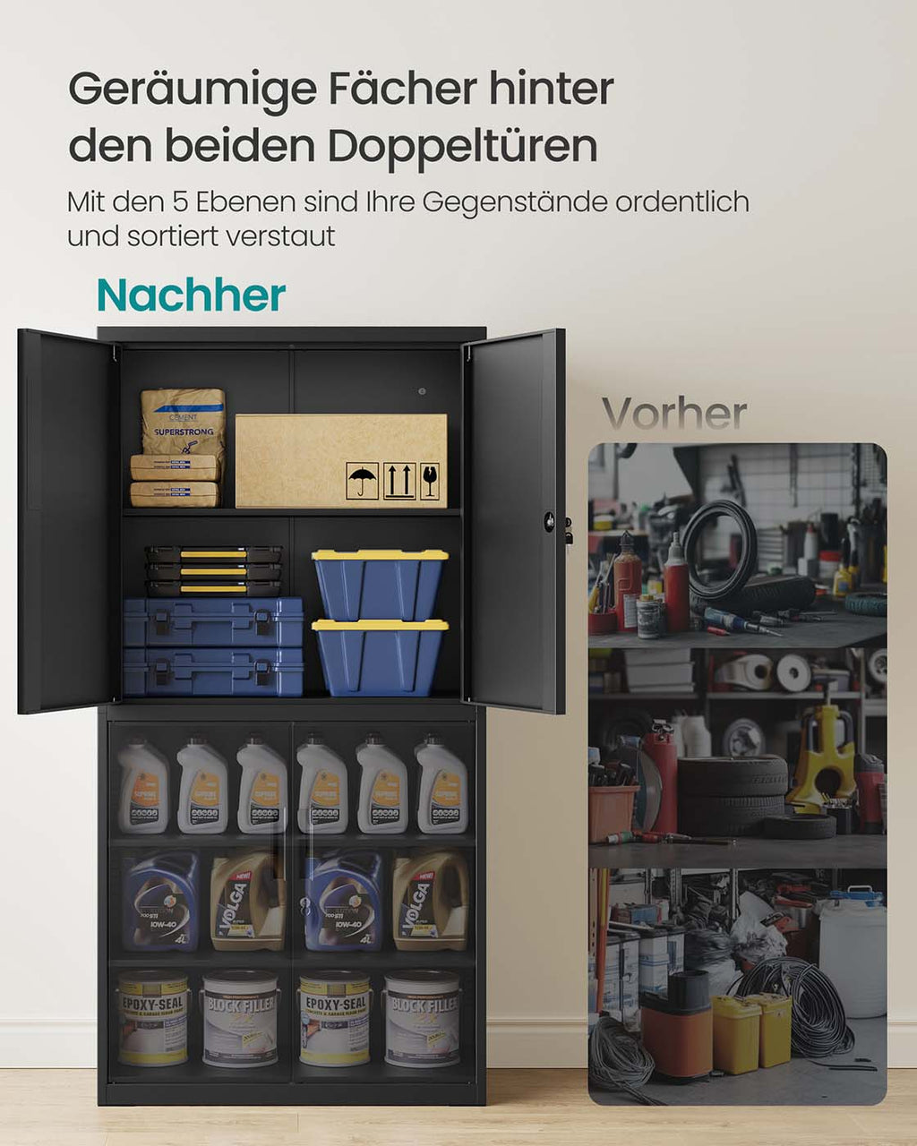 Aktenschrank mit 4 Türen und 5 Ebenen 40 x 80 x 180 cm mattschwarz