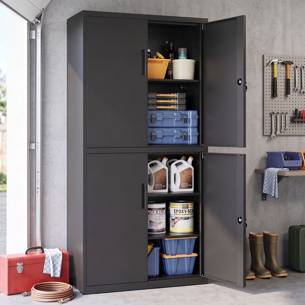 Aktenschrank, Aufbewahrungsschrank, 40 x 80 x 180 cm, 4 Schranktüren und 2 Schlösser, schwarz