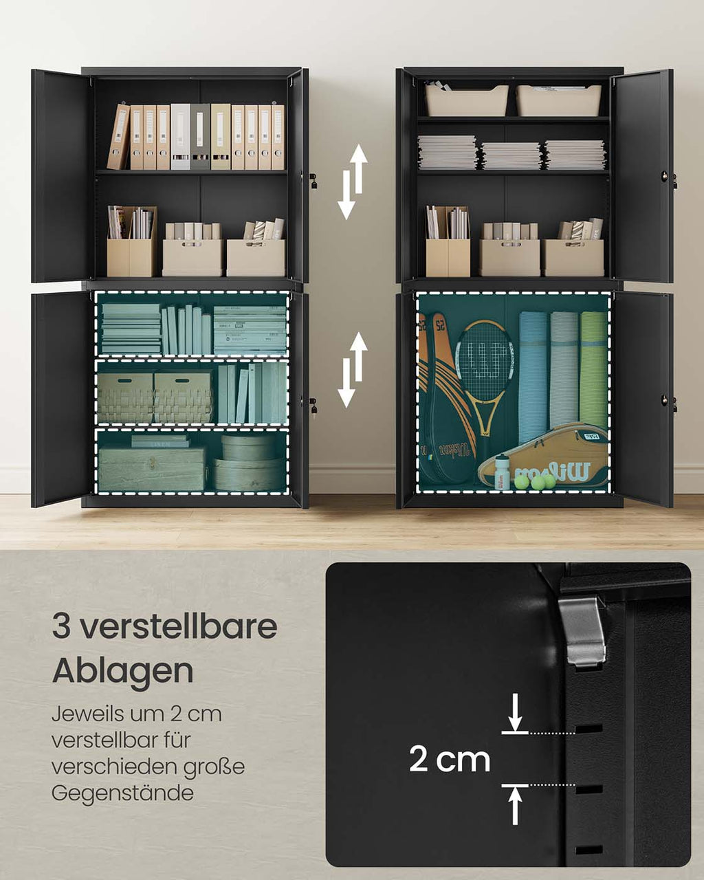 Aktenschrank mit 4 Türen und 5 Ebenen 40 x 80 x 180 cm mattschwarz