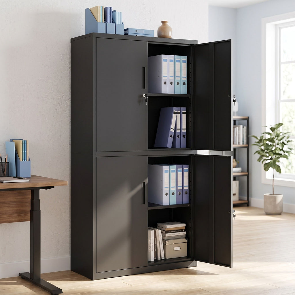 Aktenschrank, Aufbewahrungsschrank, 40 x 80 x 180 cm, 4 Schranktüren und 2 Schlösser, schwarz