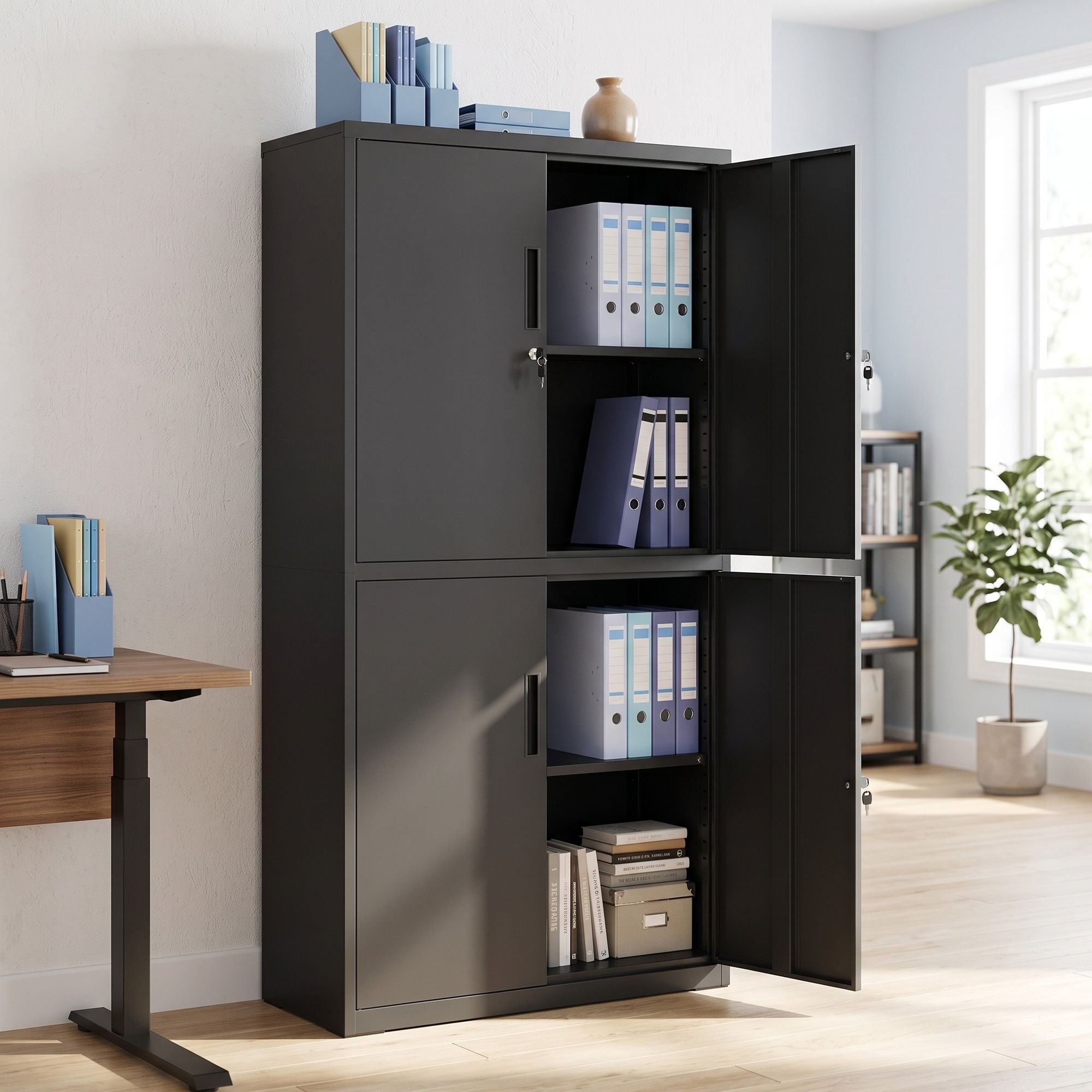 Aktenschrank, Aufbewahrungsschrank, 40 x 80 x 180 cm, 4 Schranktüren und 2 Schlösser, schwarz