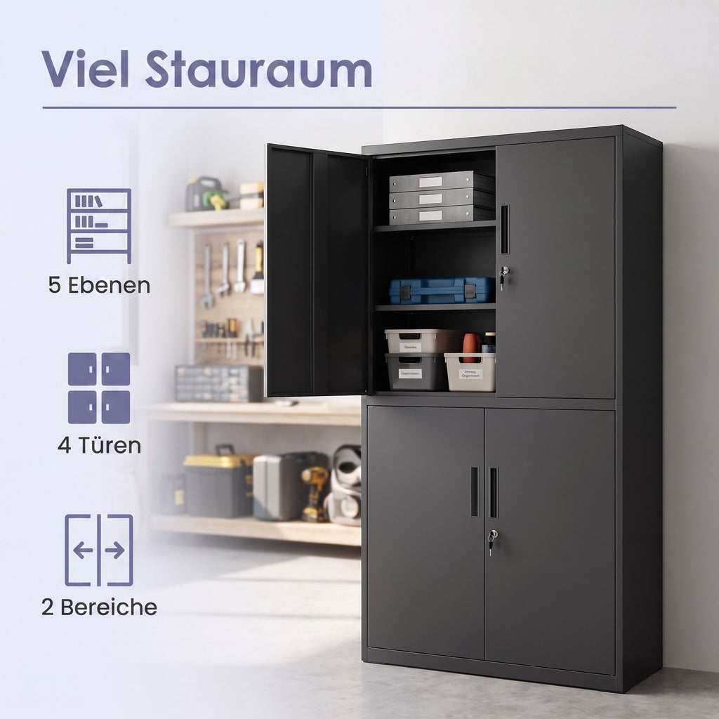 Aktenschrank, Aufbewahrungsschrank, 40 x 80 x 180 cm, 4 Schranktüren und 2 Schlösser, schwarz