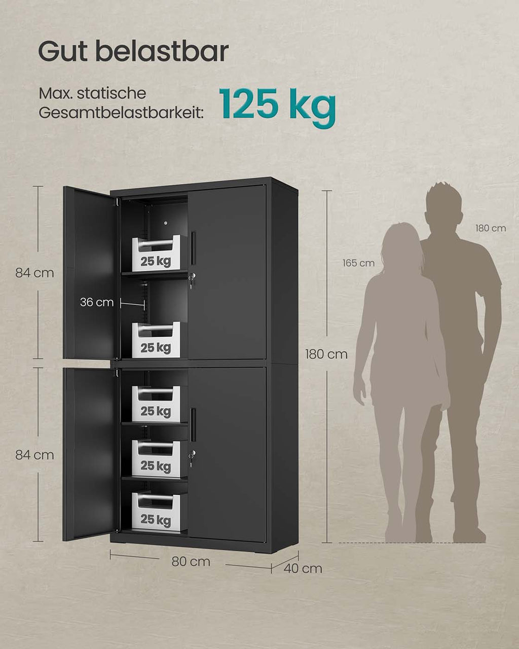 Aktenschrank mit 4 Türen und 5 Ebenen 40 x 80 x 180 cm mattschwarz