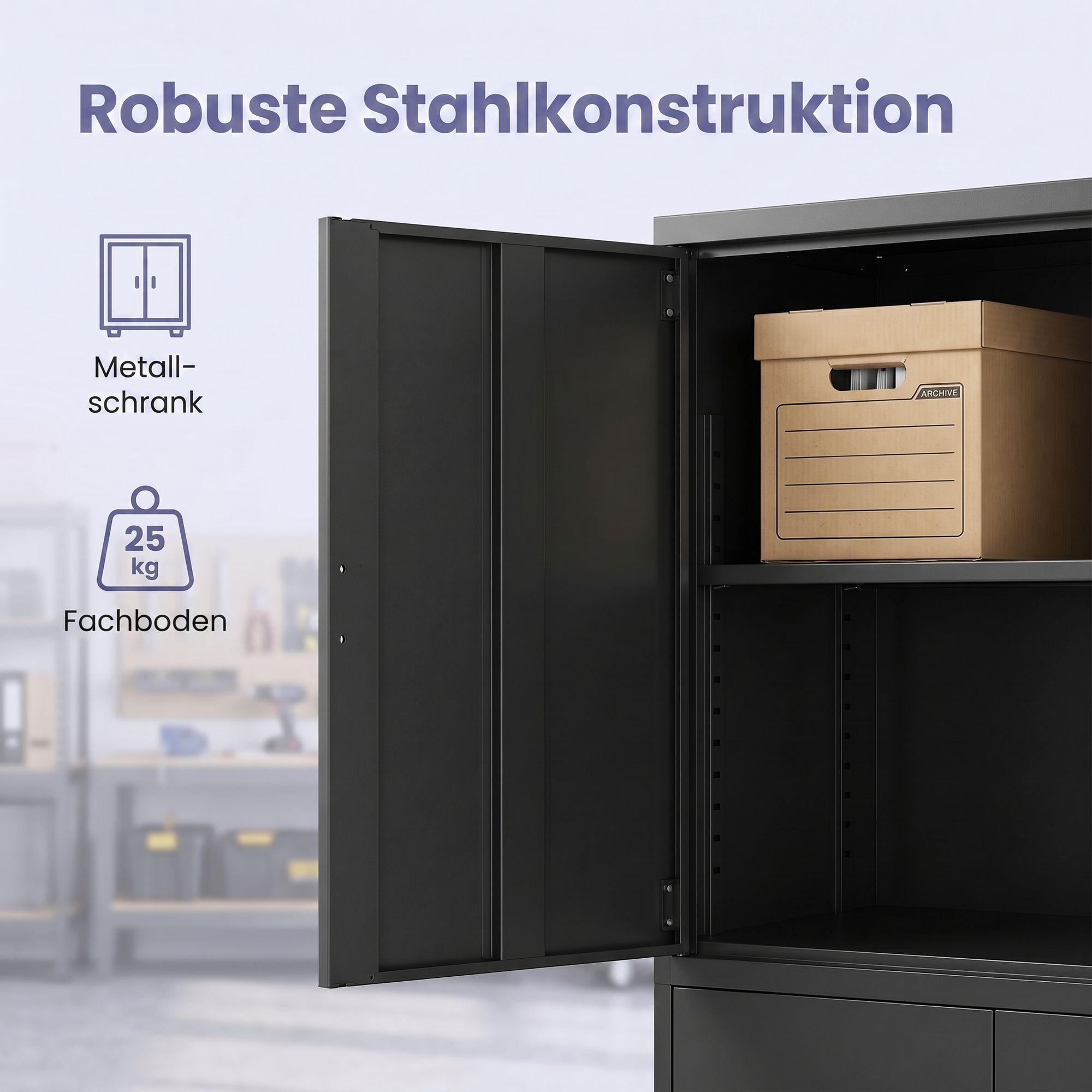 Aktenschrank, Aufbewahrungsschrank, 40 x 80 x 180 cm, 4 Schranktüren und 2 Schlösser, schwarz