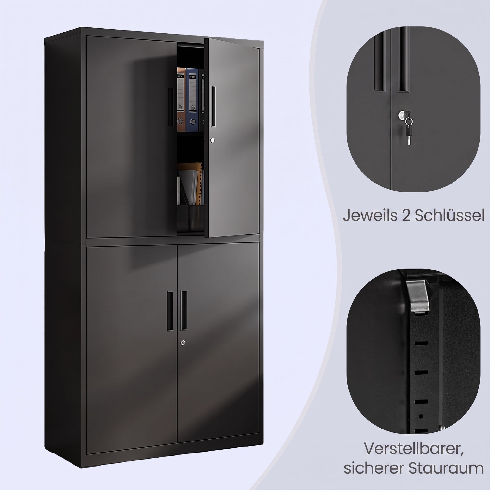 Aktenschrank, Aufbewahrungsschrank, 40 x 80 x 180 cm, 4 Schranktüren und 2 Schlösser, schwarz