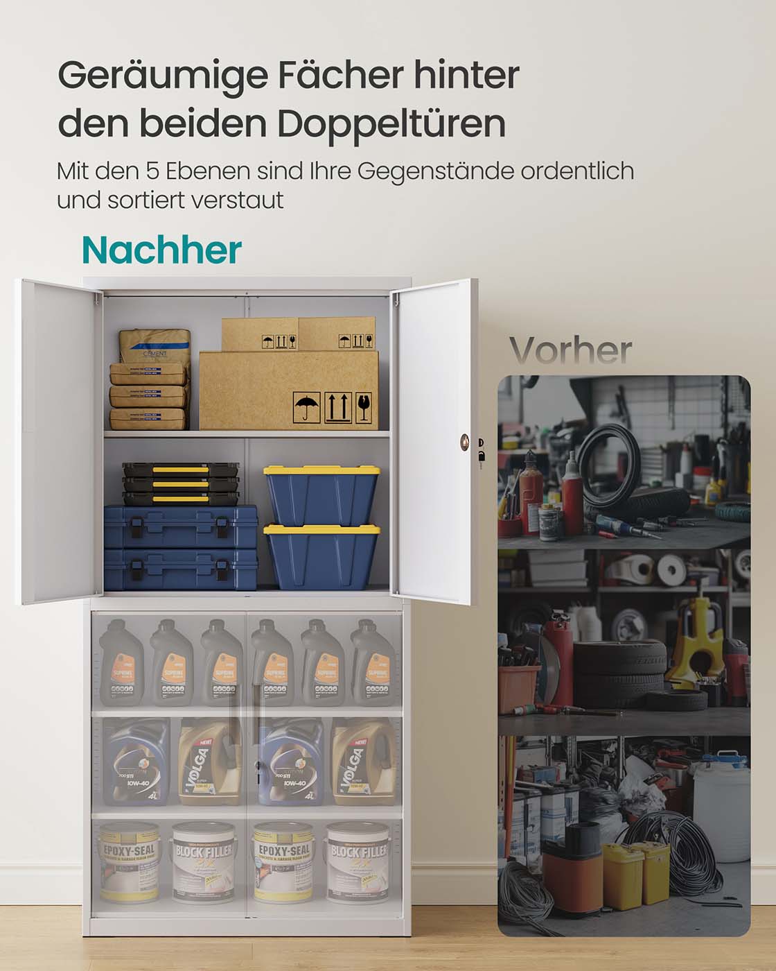 Aktenschrank mit 4 Türen und 5 Ebenen 40 x 80 x 180 cm mattgrau