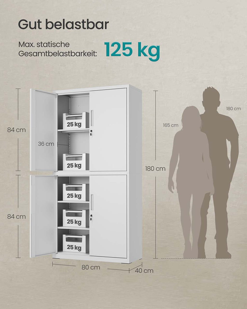 Aktenschrank mit 4 Türen und 5 Ebenen 40 x 80 x 180 cm mattgrau