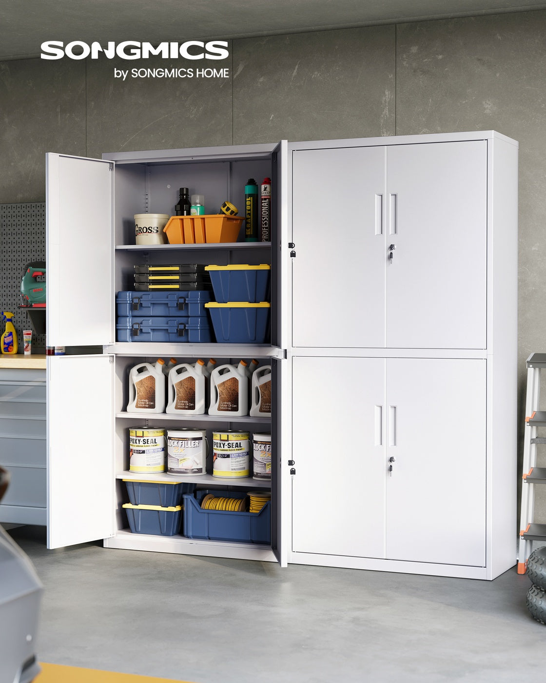 Aktenschrank mit 4 Türen und 5 Ebenen 40 x 80 x 180 cm mattweiß